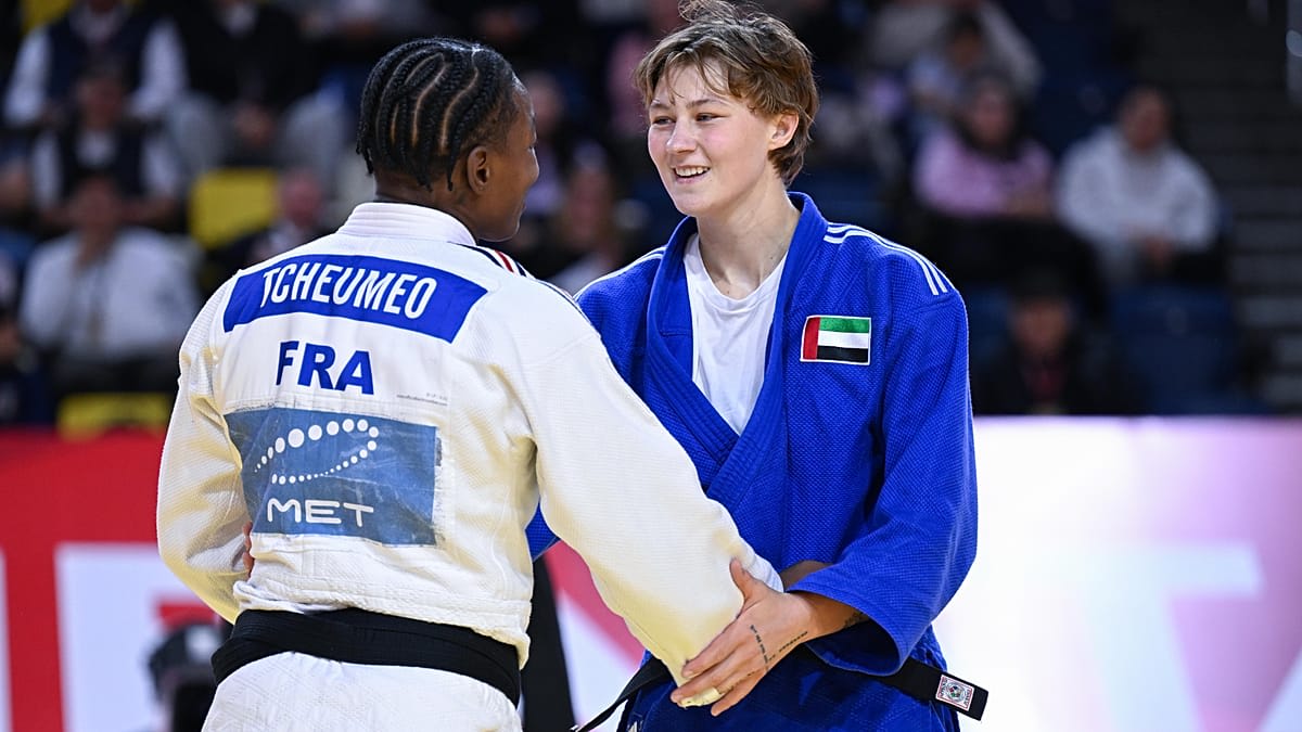 Judo champion MURAO Sanshiro celebrates victory on the podium in Ulaanbaatar Mongolia
