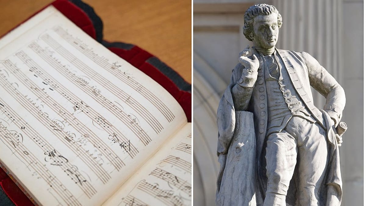 Historic Mozart manuscript showing handwritten musical notation for flute and harp on aged parchment