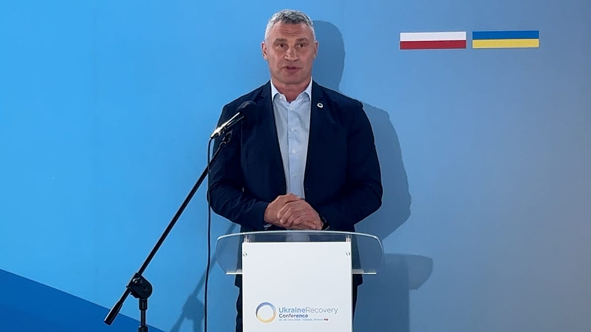 Kyiv Mayor Vitali Klitschko speaking at Ukraine Recovery Conference in Gdańsk, Poland