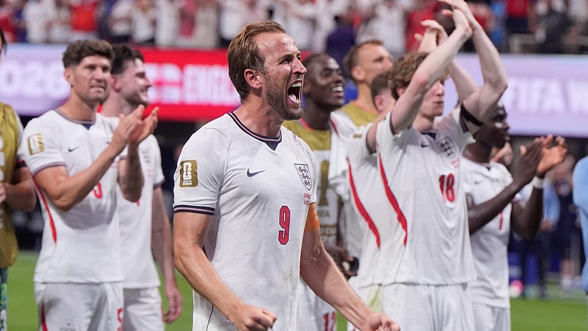 Harry Kane celebrates after scoring winning goal for England against DR Congo at World Cup
