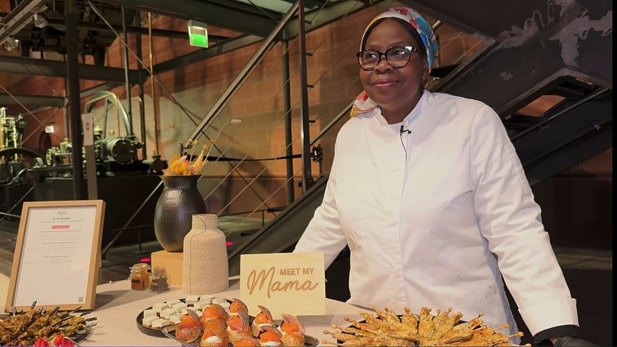 Marie-Clarisse Bonzia preparing colorful Congolese-French fusion canapés in professional Paris kitchen