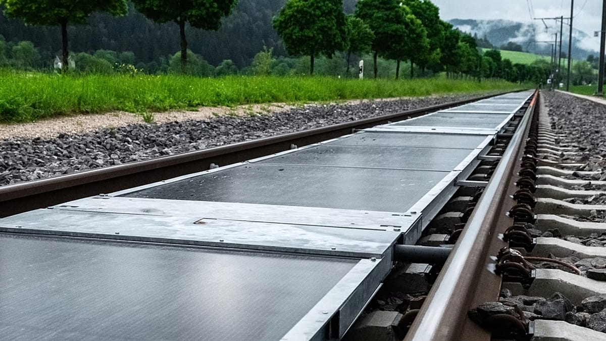 Solar panels installed flat between railway tracks with train passing overhead in Swiss countryside