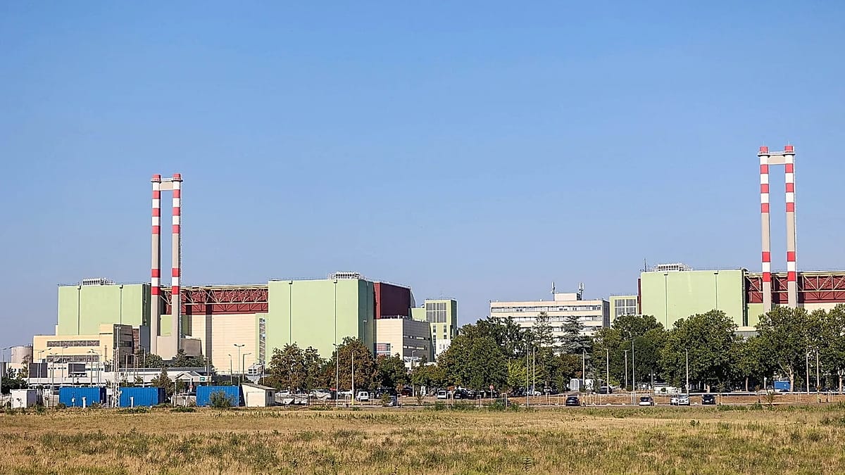 Paks Nuclear Power Plant cooling towers beside the Danube River in Hungary