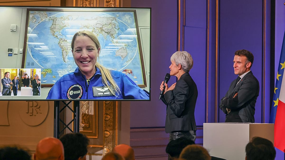 Astronaut Sophie Adenot in spacesuit preparing for historic spacewalk mission aboard International Space Station