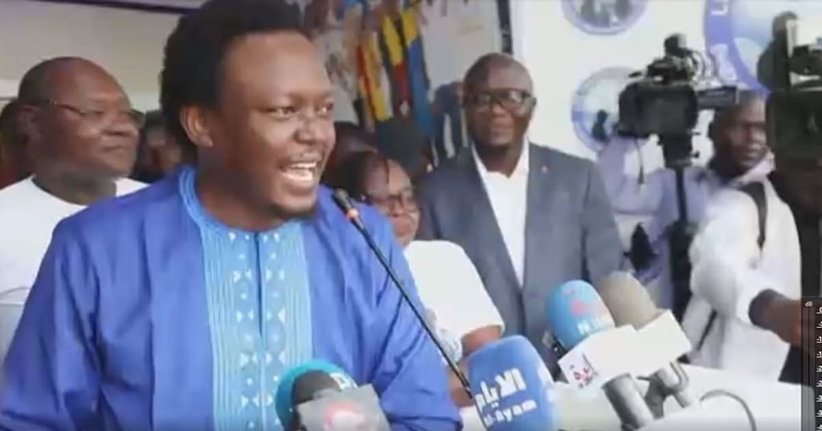 Succes Masra speaking at political event in Chad before his imprisonment and subsequent pardon