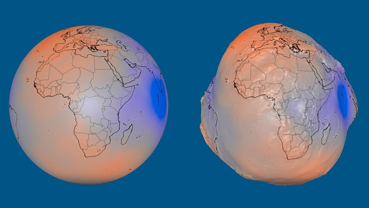NASA's geoid visualization showing Earth as a colorful lumpy potato-shaped sphere with gravity variations