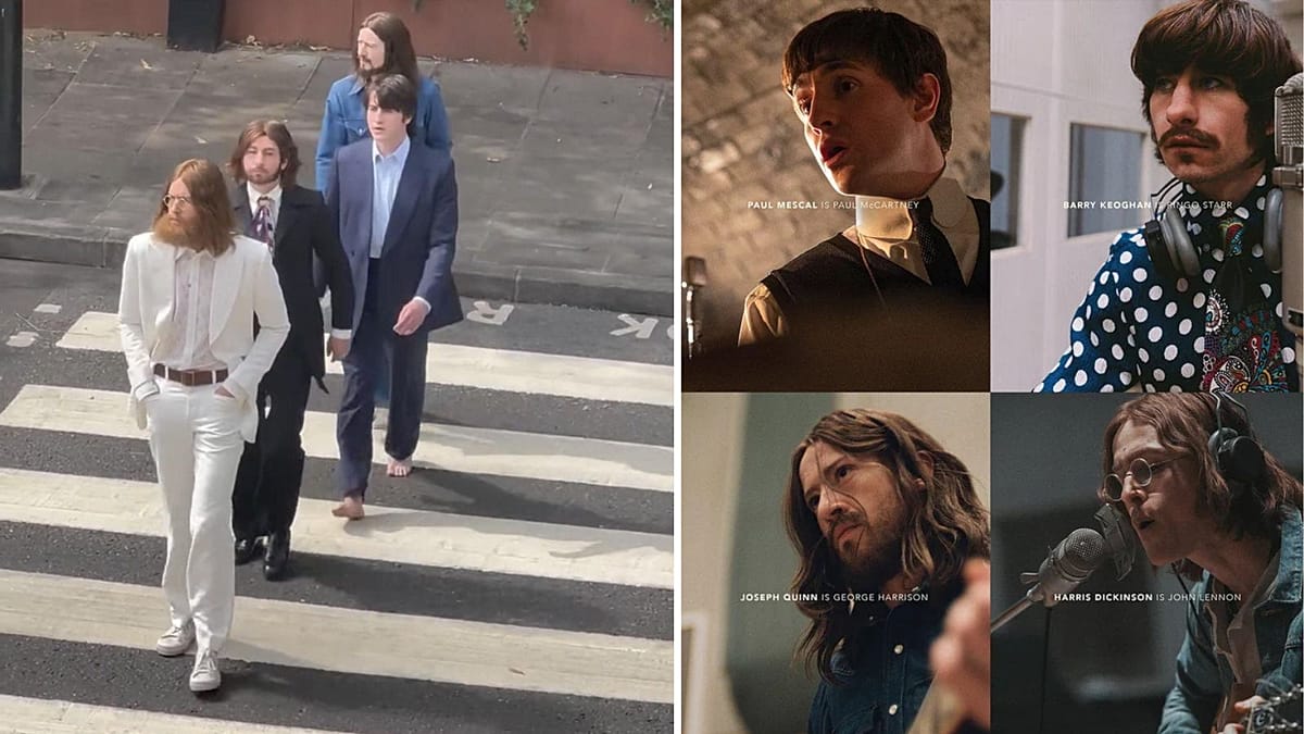 Four actors in 1960s clothing crossing Abbey Road zebra crossing recreating Beatles album cover