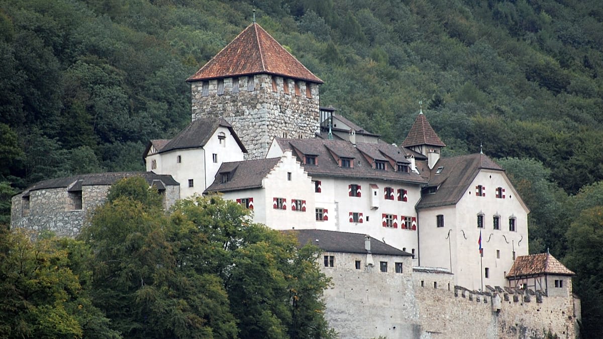 Vaduz Castle overlooks the Alpine principality of Liechtenstein's capital city in scenic mountain valley