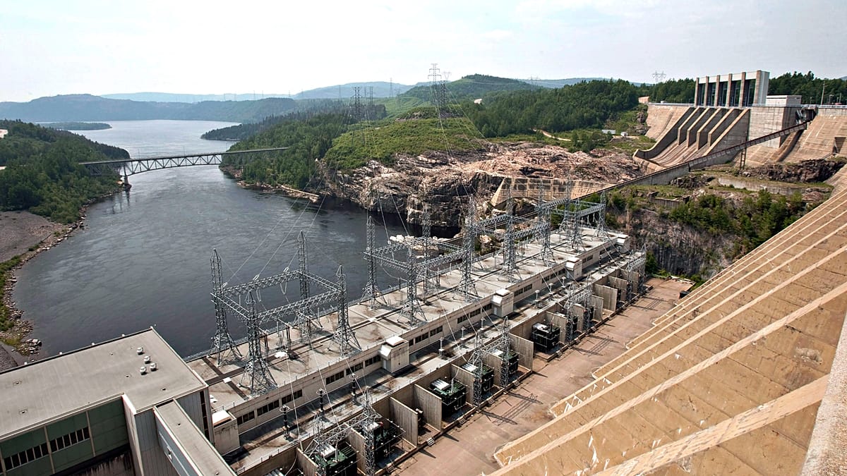 Hydroelectric dam with rushing water generating clean renewable energy in Canada