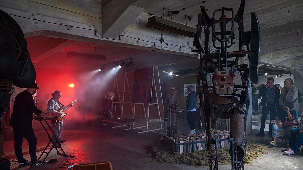 Artist-created sculptures made from rusted ship parts at historic Gdansk Shipyard in Poland