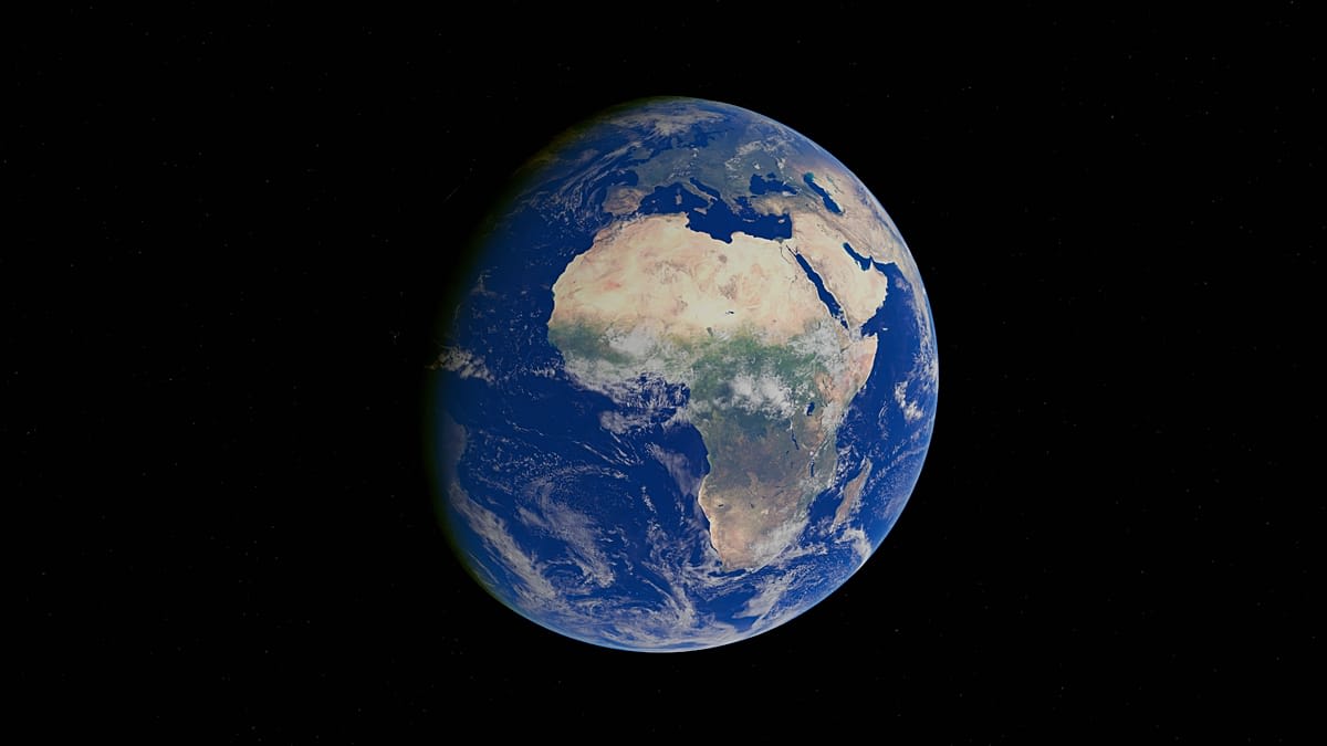 Satellite orbiting above the African continent against backdrop of Earth from space