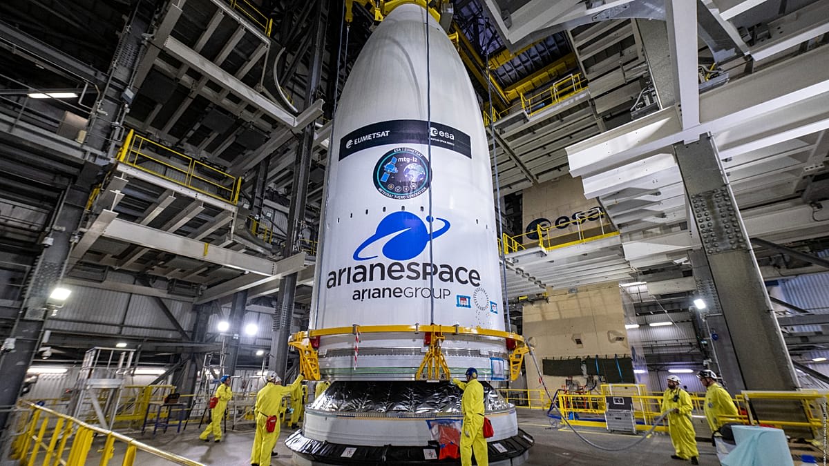 Ariane 6 rocket on launch pad in French Guiana before MTG-I2 satellite mission