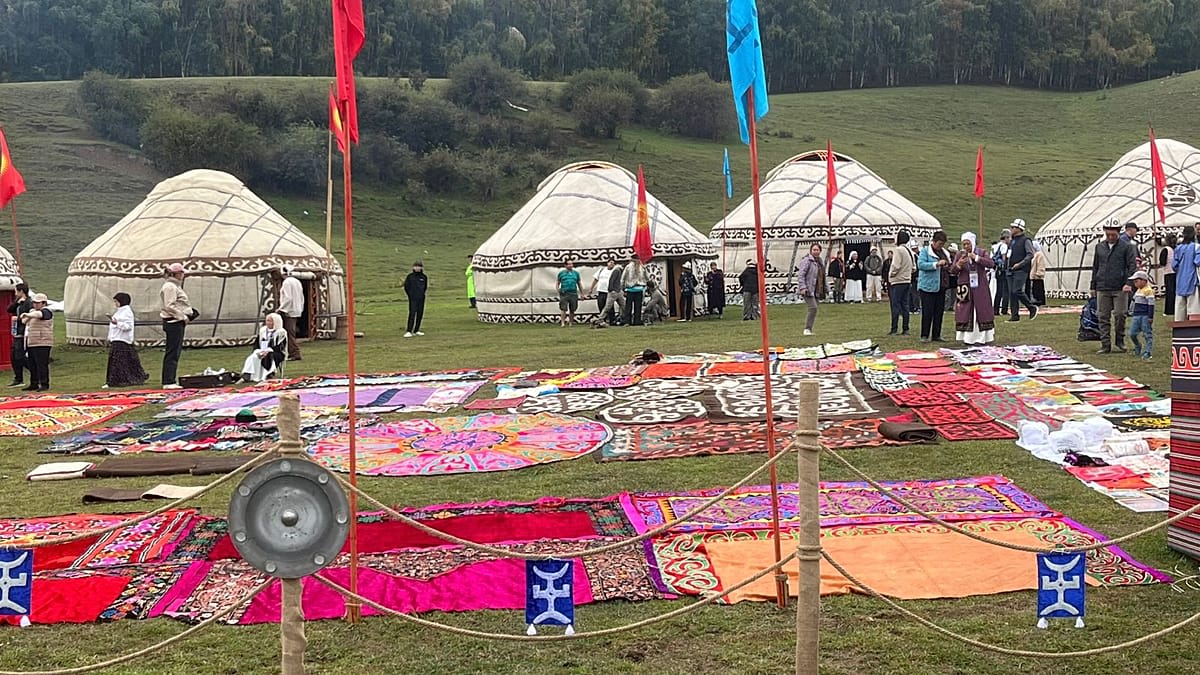 Traditional colorful yurts and nomadic dwellings at World Nomad Games village in Kyrgyzstan