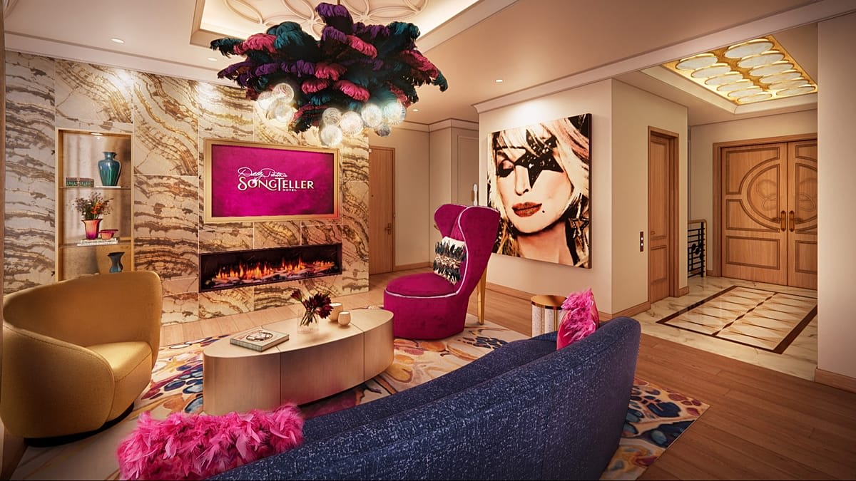 ** Exterior of Dolly Parton's SongTeller Hotel in downtown Nashville, Tennessee, celebrating country music legacy
