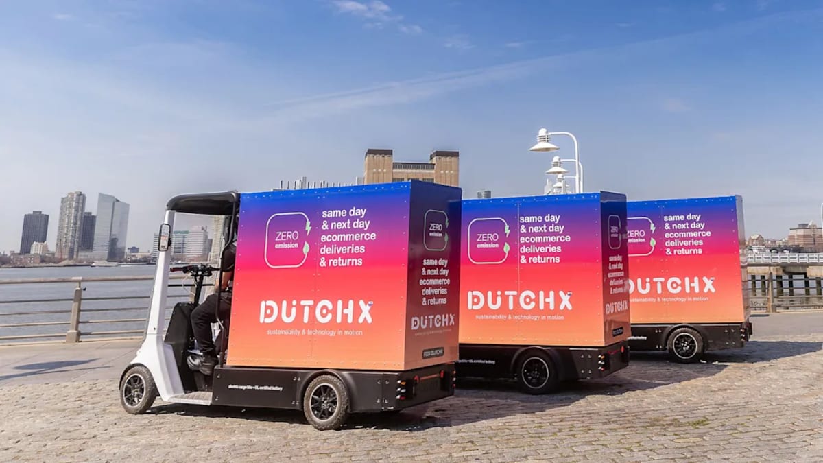 Cargo bike loaded with packages at New York City waterfront pier dock