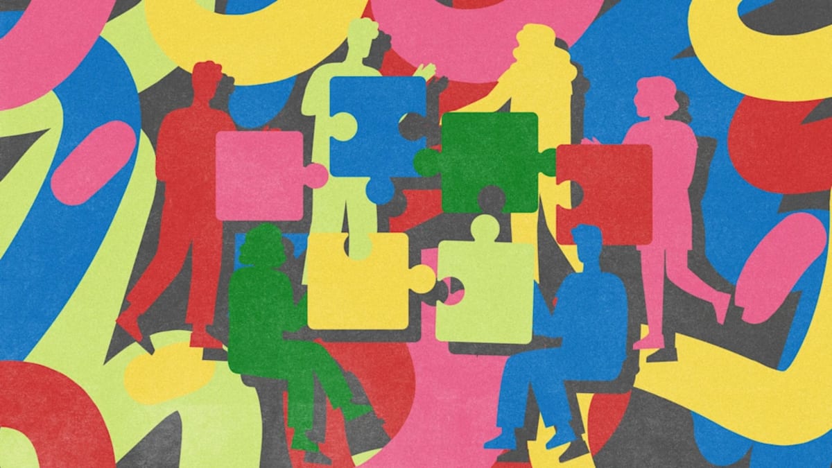 Diverse business students collaborating on laptops with digital interface overlays showing team connections