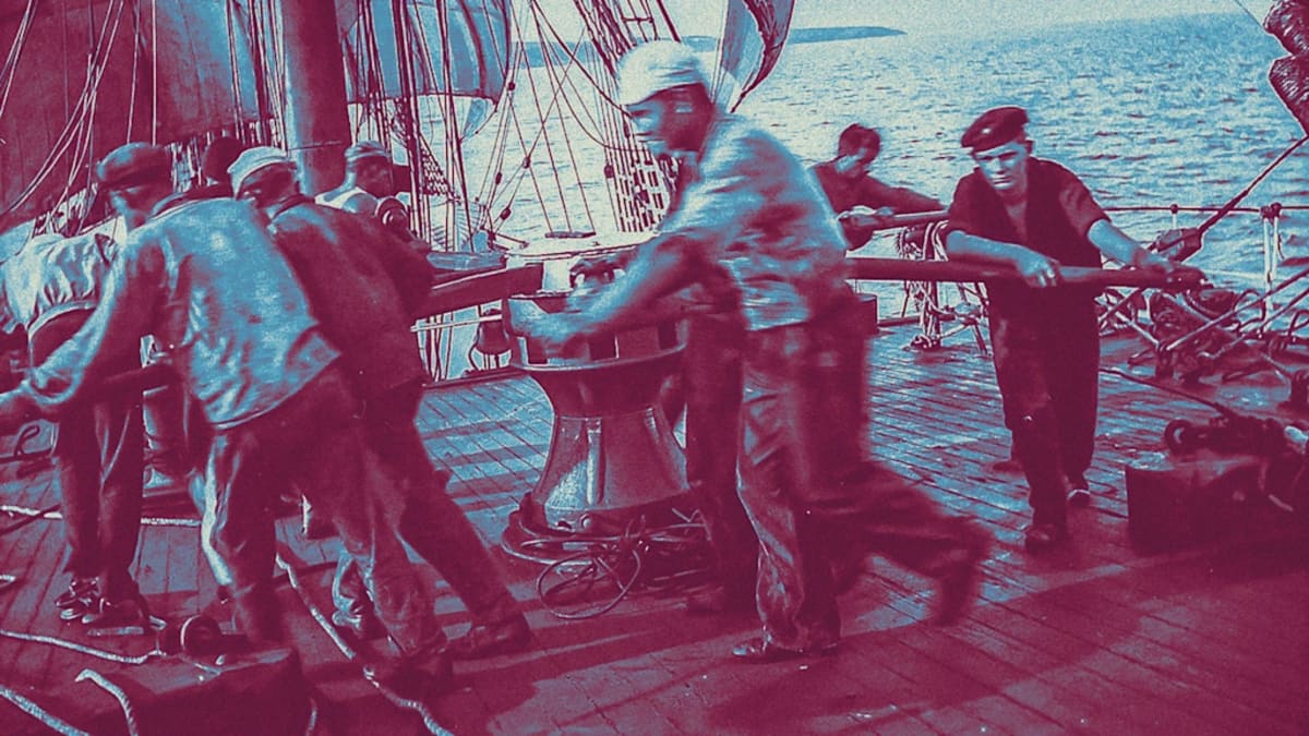 Historic sailing ship at sea representing 1820s whaling era when original shanty was written