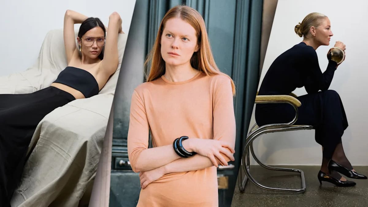 Sarah Bonello standing in simple elegant clothing from her sustainable fashion line The Park