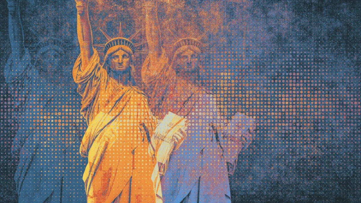 New York City skyline with digital interface graphics representing improved government technology services