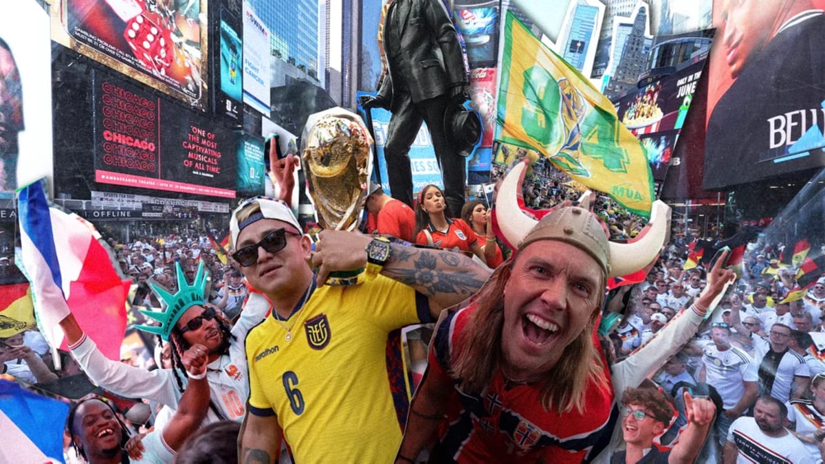 Soccer fans in colorful jerseys gathering on TKTS steps in Times Square