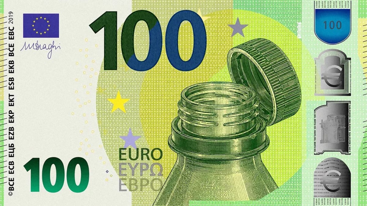 Colorful euro banknote design proposals displayed side by side showing cultural and nature themes