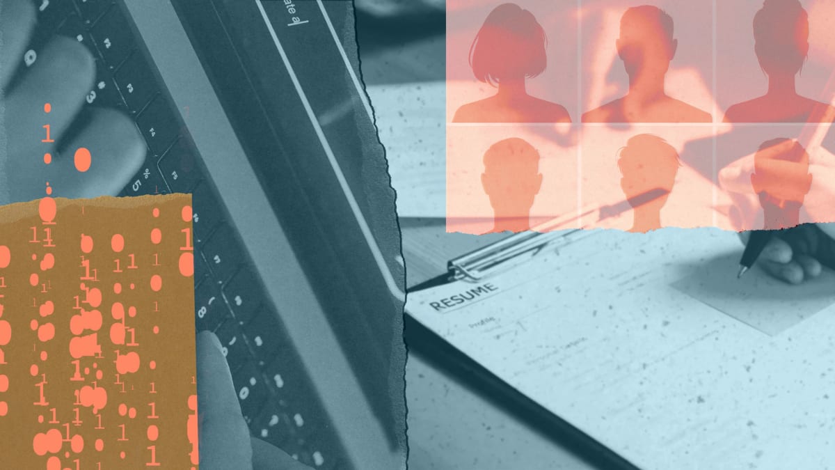 ** Professional recruiter reviewing candidate applications at desk with thoughtful expression, representing human-centered hiring approach