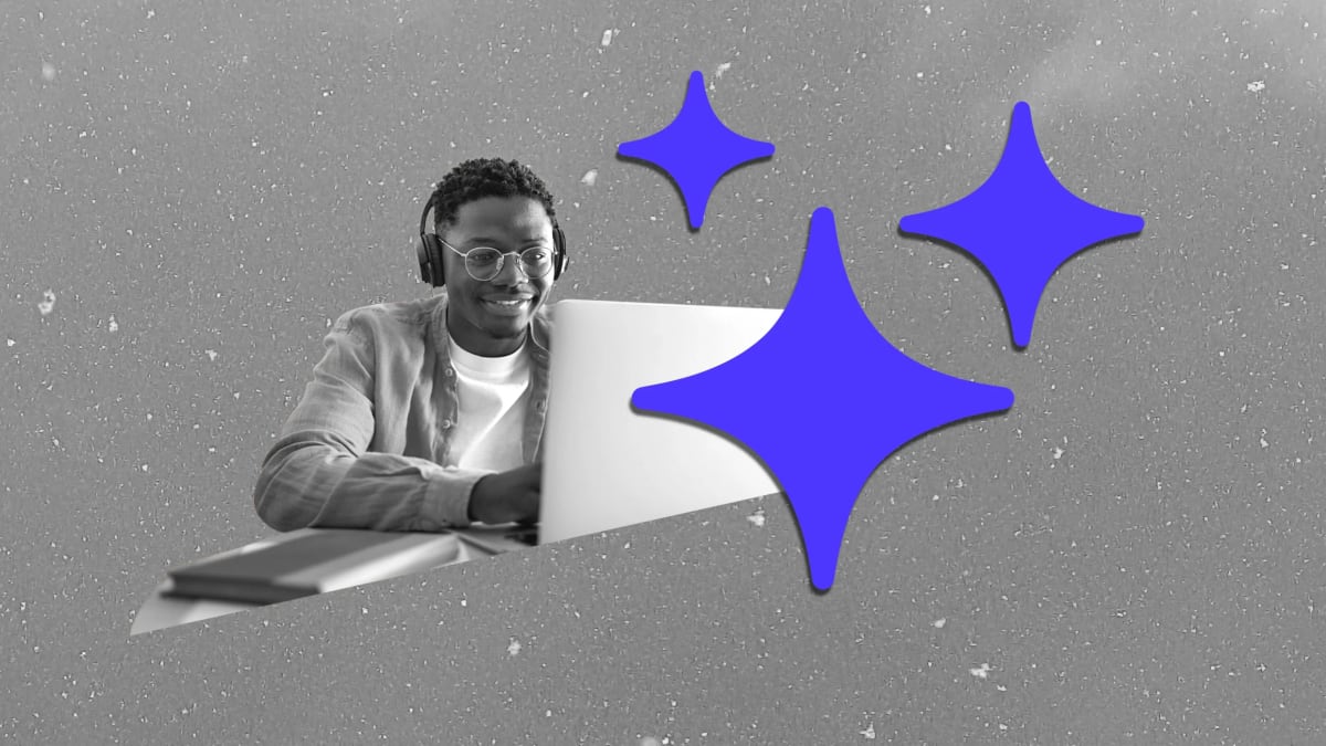 College student studying with laptop showing AI tutoring interface alongside textbooks and notes