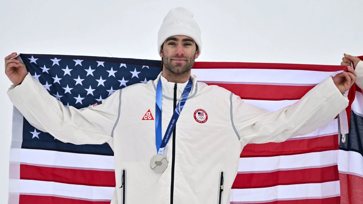 Olympic slopestyle skier Alex Hall competing at the Winter Olympics wearing competition gear