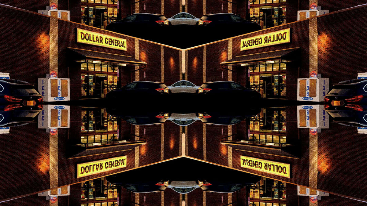 Dollar General storefront serving rural community with customers entering discount retail location