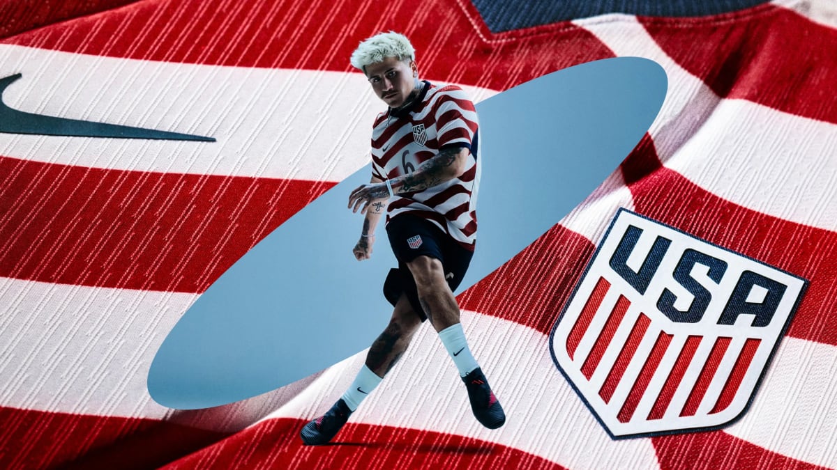 U.S. Soccer 2026 World Cup jerseys featuring red striped home kit and navy stars away kit