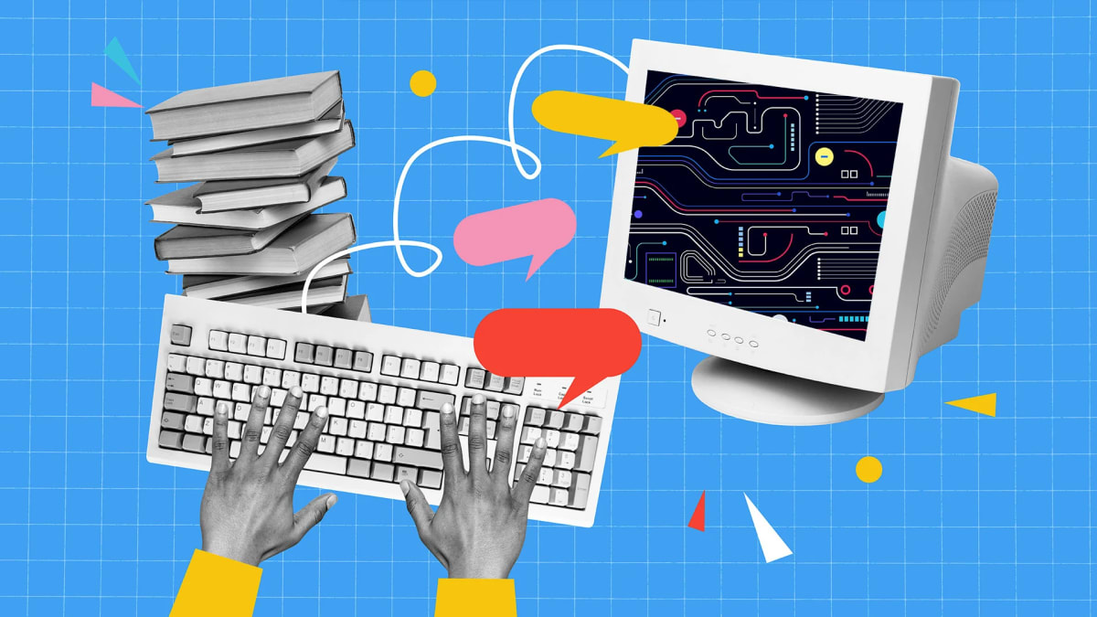 Teacher at laptop using AI technology to create engaging lesson plans for diverse classroom