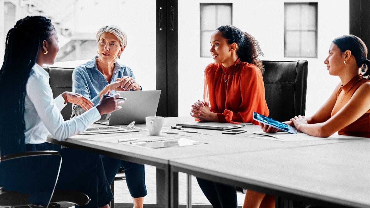 Diverse group of professional women in healthcare and office settings collaborating at work
