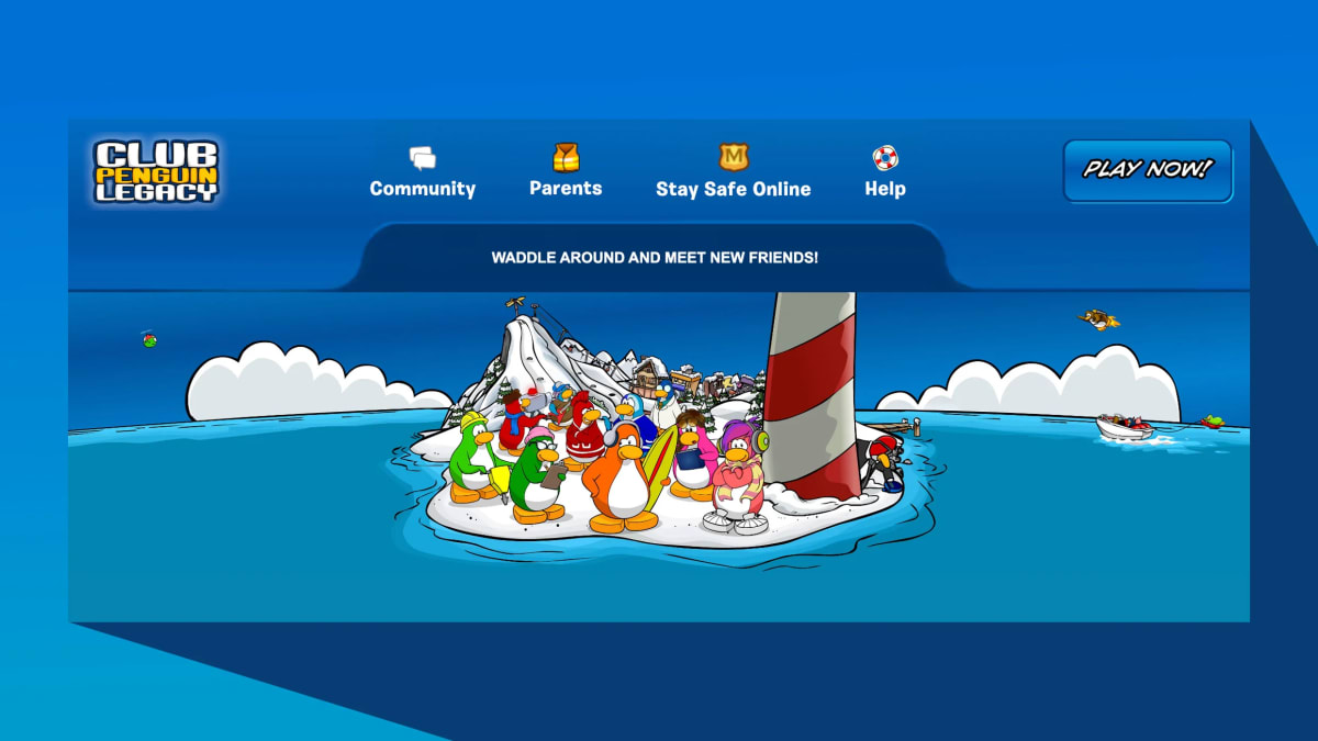 Colorful cartoon penguins in winter clothing standing in virtual snowy landscape with igloos
