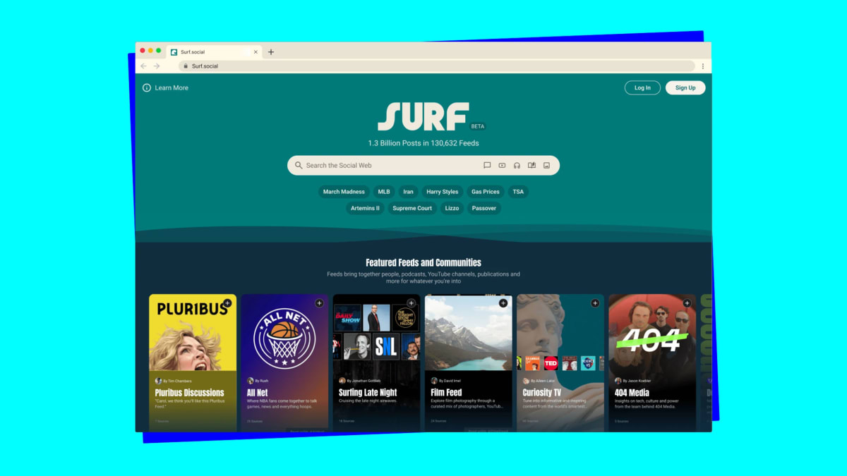 Screenshot of Flipboard Surf app displaying colorful curated content feeds on laptop screen