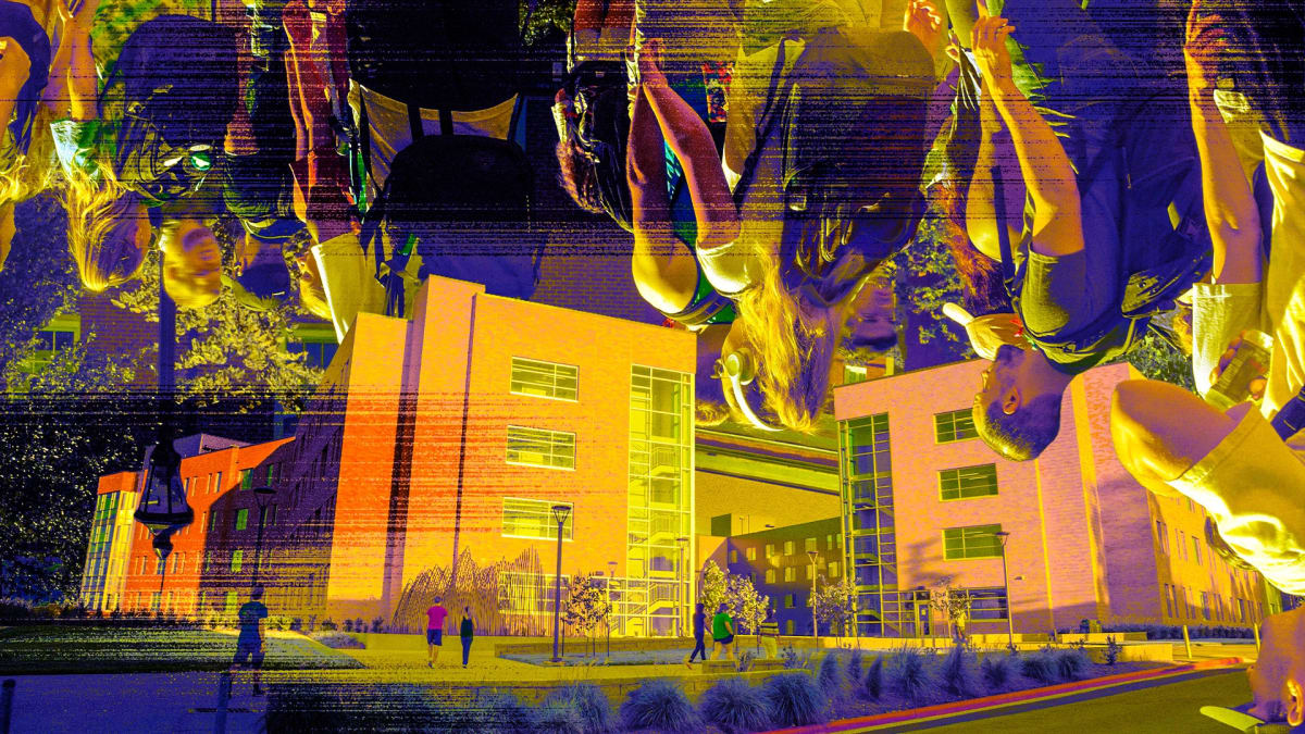 Diverse group of smiling community college students walking across campus with backpacks