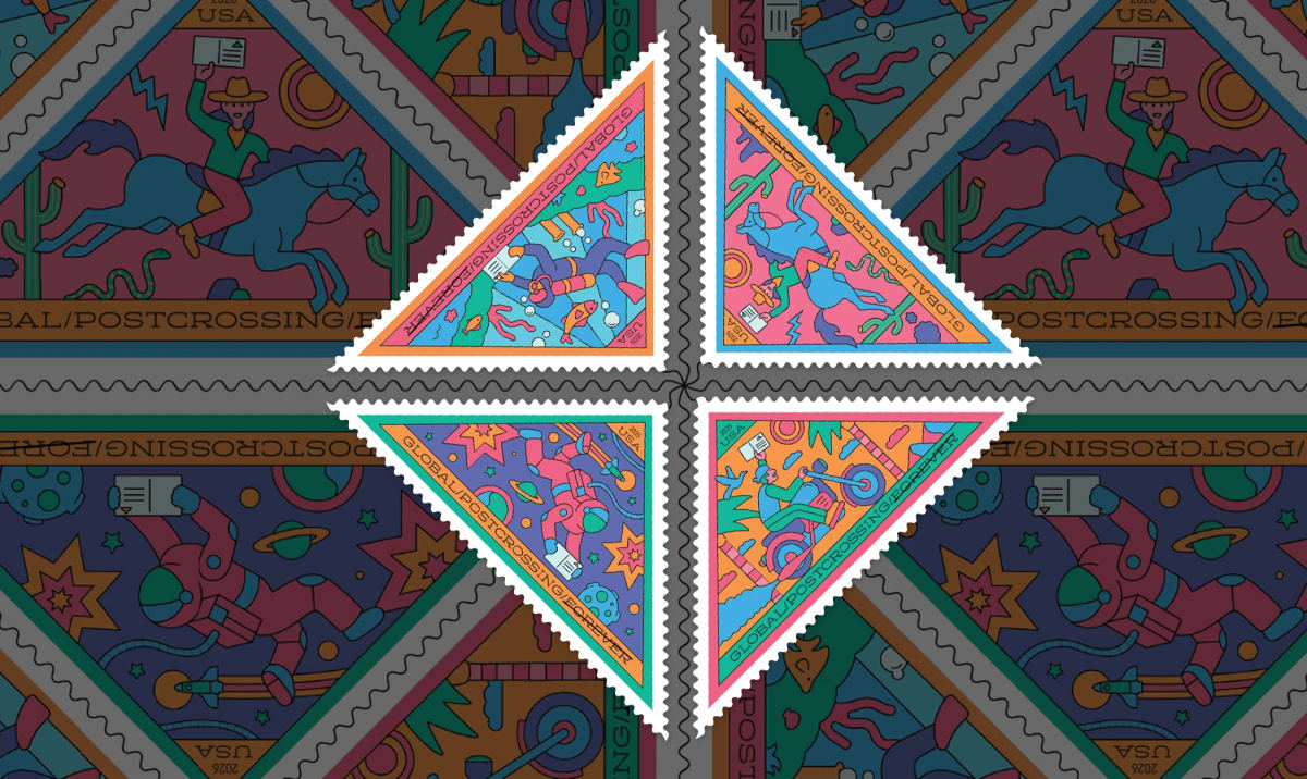 Four colorful triangle-shaped postage stamps showing whimsical postal carriers on horseback, underwater, in space, and on motorcycle