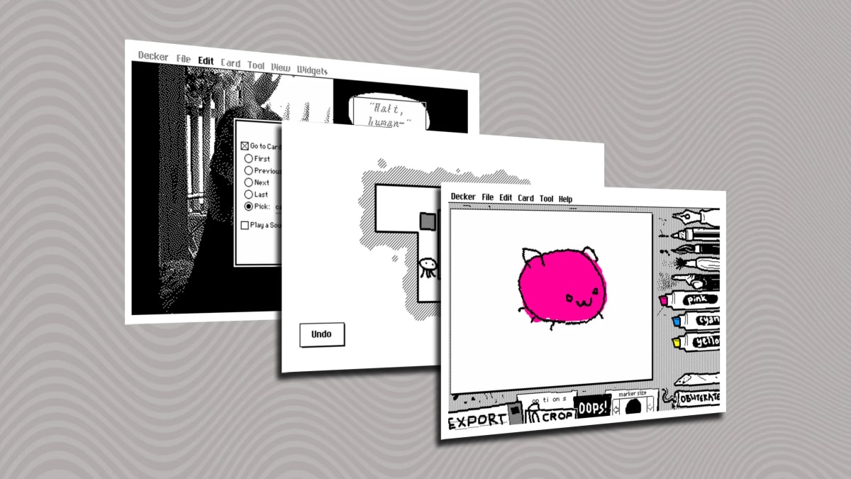 Screenshot of Decker app showing retro-style interactive document interface on modern computer