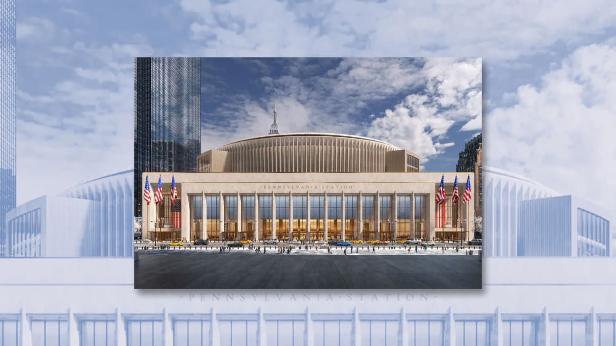 Rendering of redesigned Penn Station interior showing tall ceilings, natural light, and classical bronze architectural details