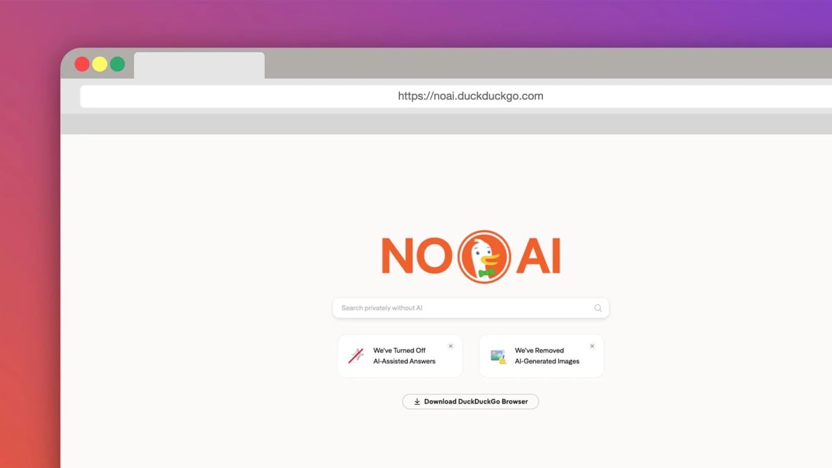 DuckDuckGo search engine homepage displaying privacy-focused search features and No AI option