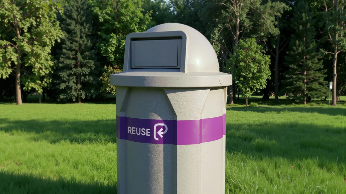 Spiraling reuse symbol icon designed to identify reusable products and packaging systems