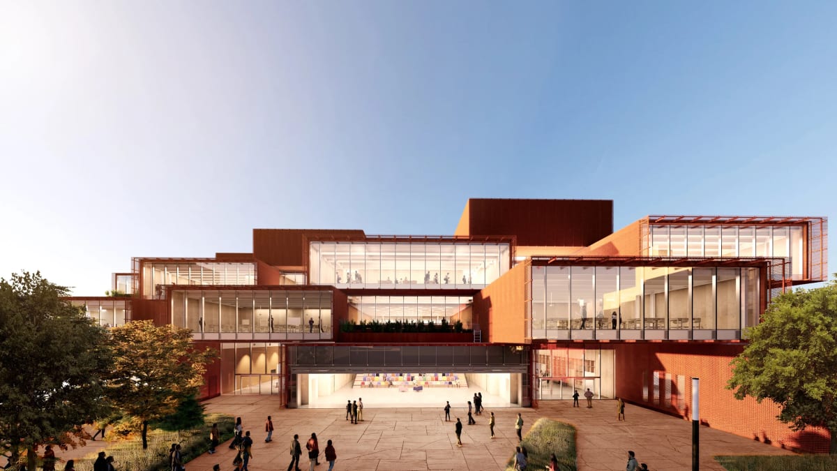 Architectural rendering of copper-toned STEM university campus buildings in Bentonville Arkansas