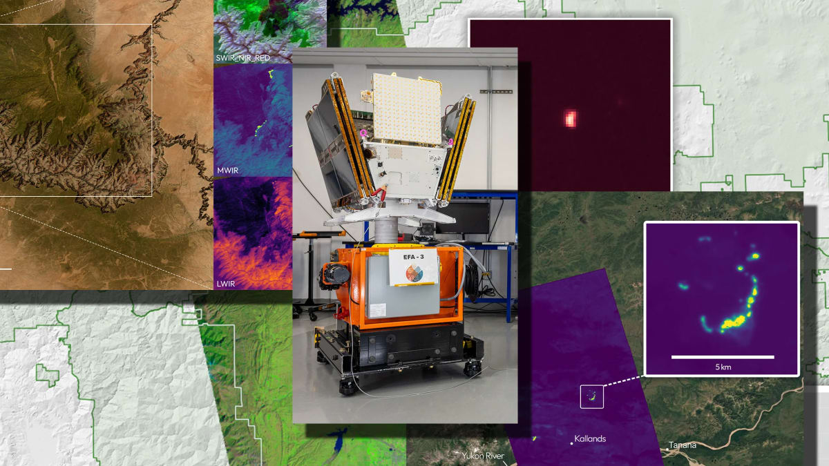 Three FireSat satellites in a clean room facility preparing for launch to detect wildfires from space