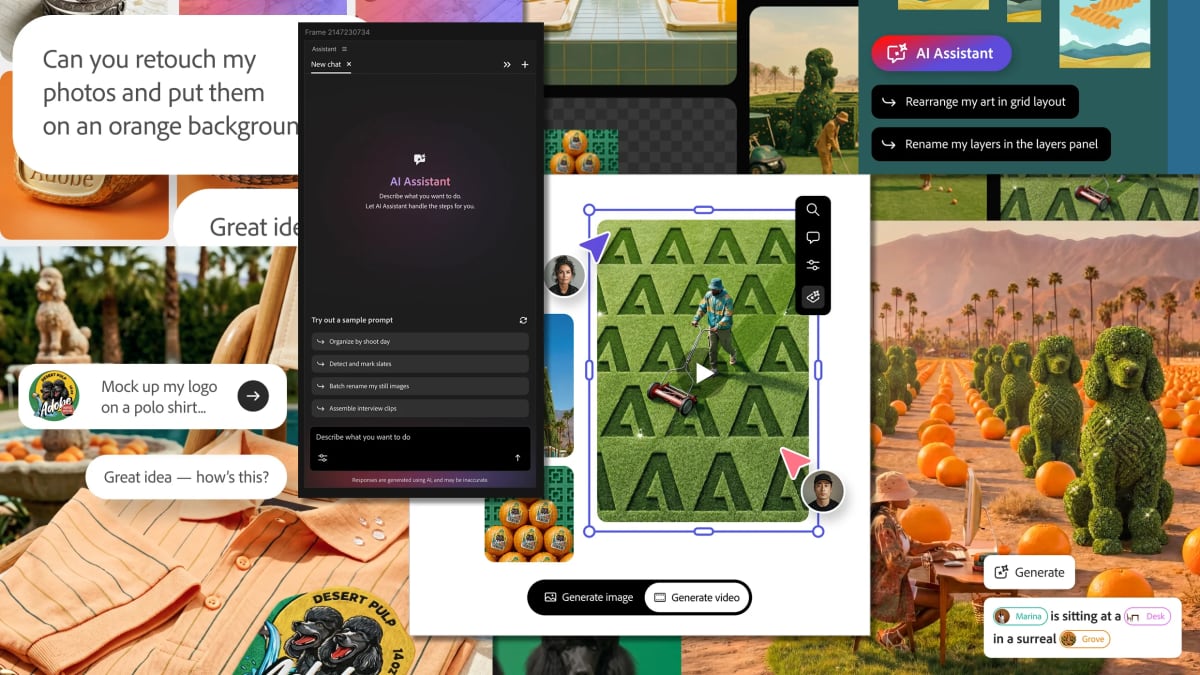 Adobe Creative Cloud interface showing AI assistant organizing video project files and timeline automatically
