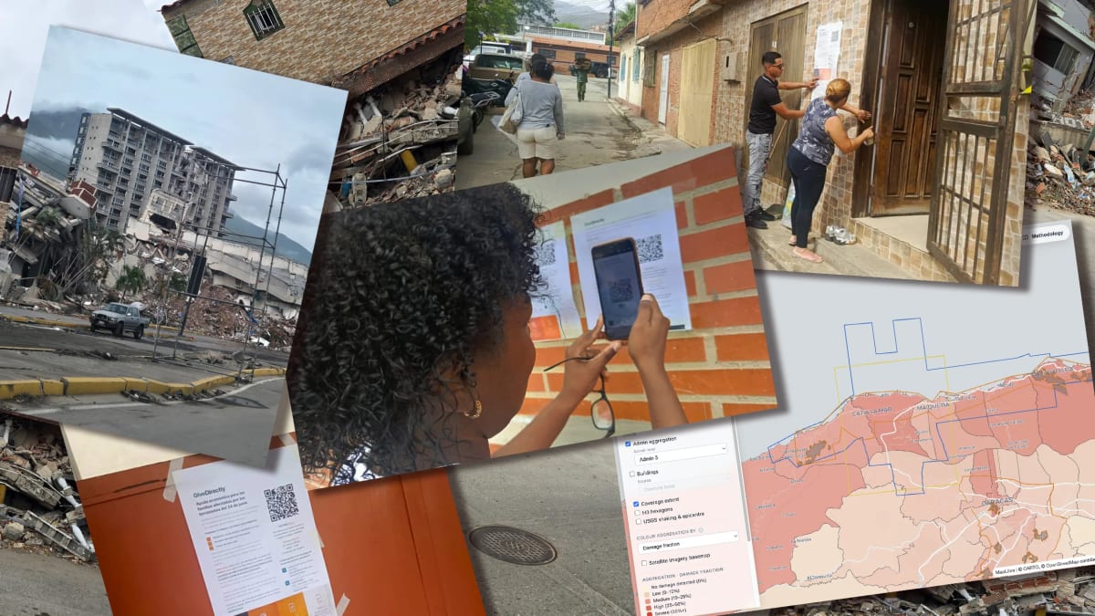 Aid worker using tablet computer with satellite imagery to coordinate disaster relief efforts