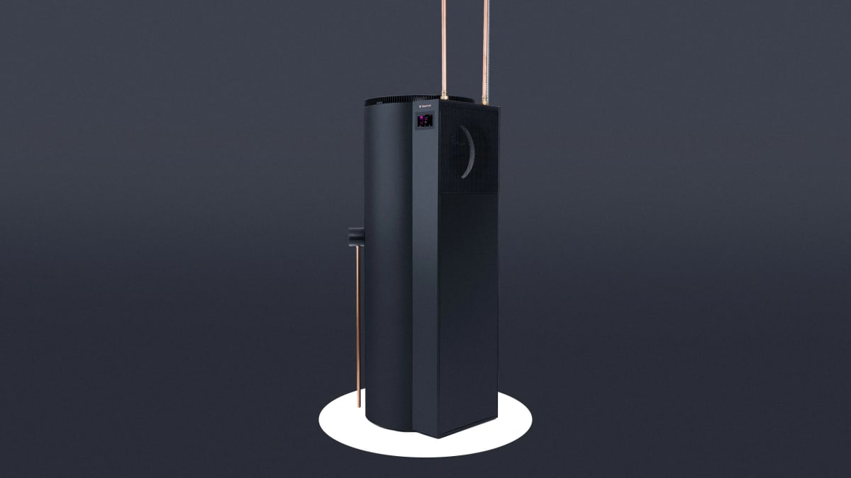 Modern cylindrical Reservoir smart water heater unit with sleek white and gray design