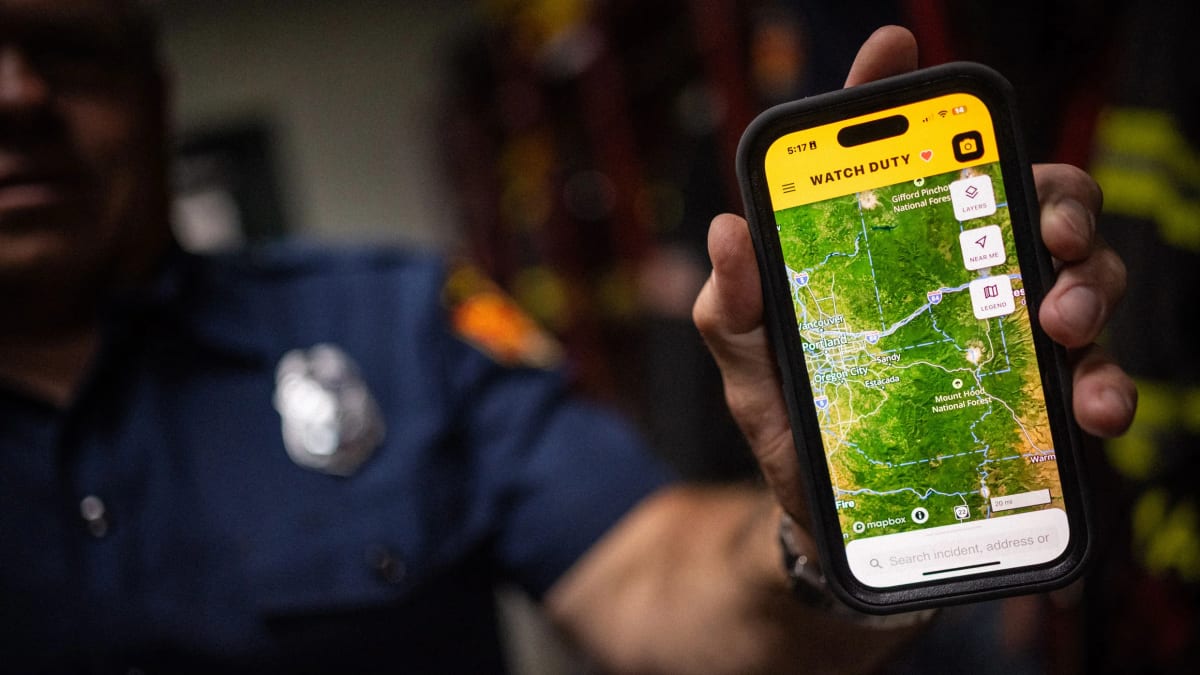 Person checking smartphone for emergency alerts while wildfire smoke fills distant sky