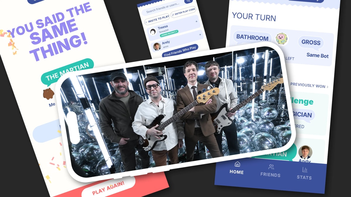 Person holding smartphone displaying the Say the Same Thing word game app interface