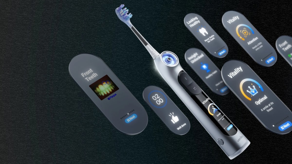 Smart toothbrush with built-in screen displaying camera view of teeth and gums