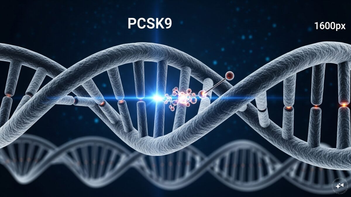 Medical illustration showing CRISPR gene editing technology targeting cholesterol molecules in bloodstream