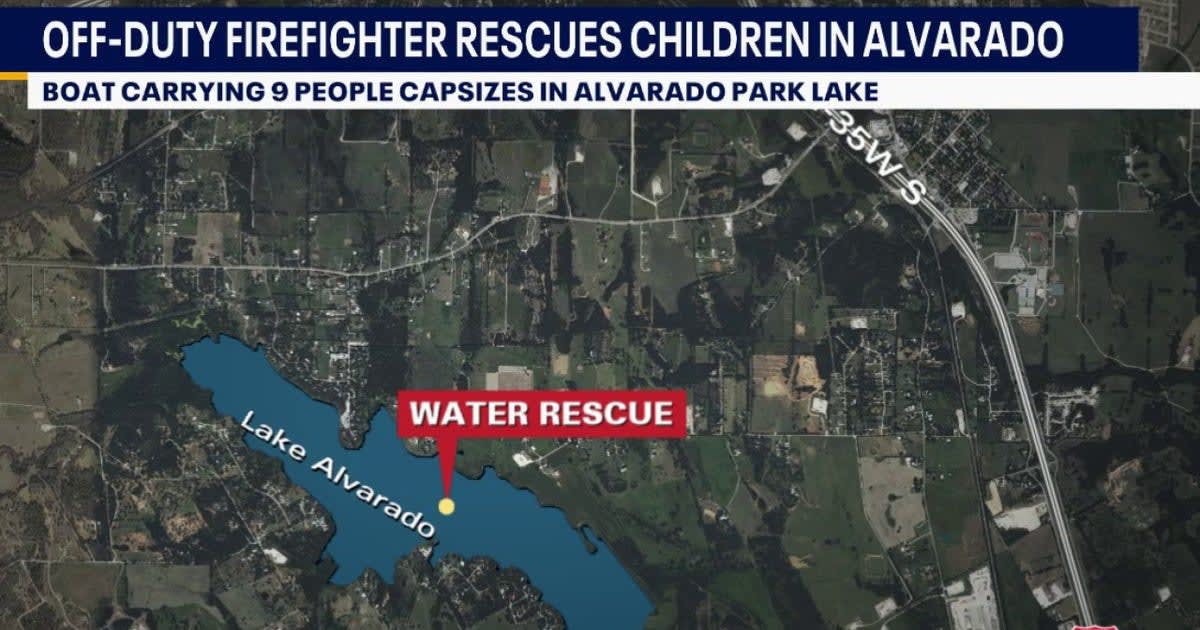 Emergency responders at waterside rescue scene in Alvarado, Texas on July 4th
